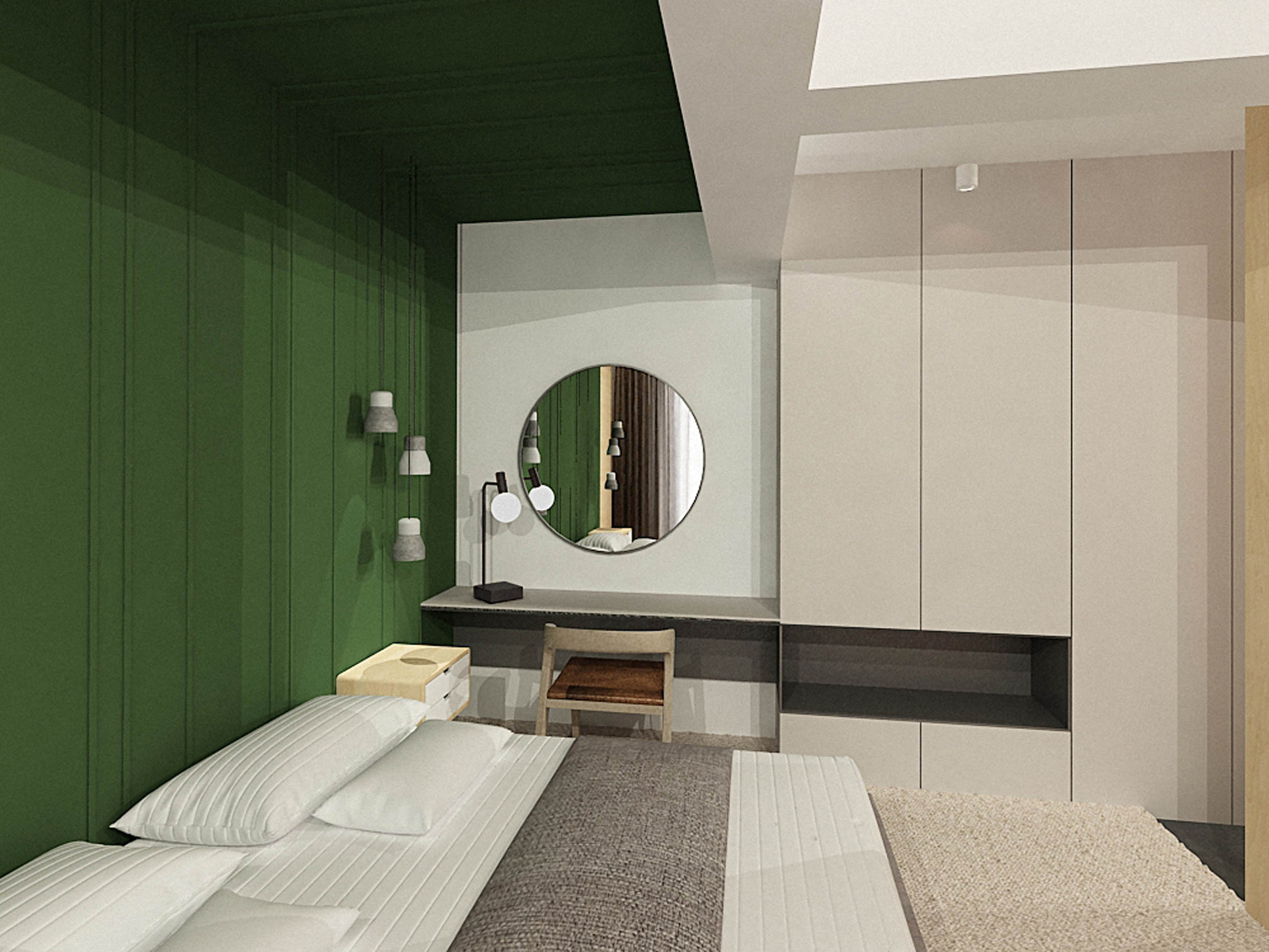 Modern minimalist bedroom with green color block, wooden panel walls and hanging concrete lamps