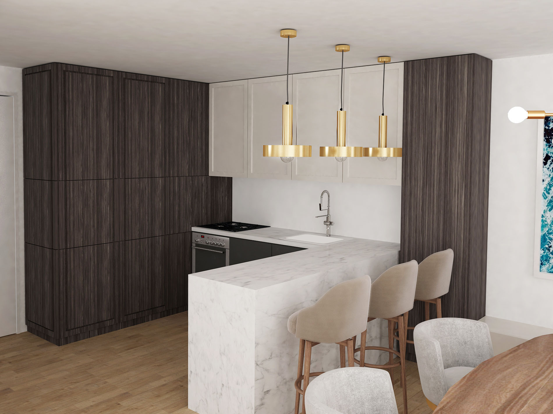 Kitchen interior design with dark wooden cabinets, marble kitchen island and gold details.