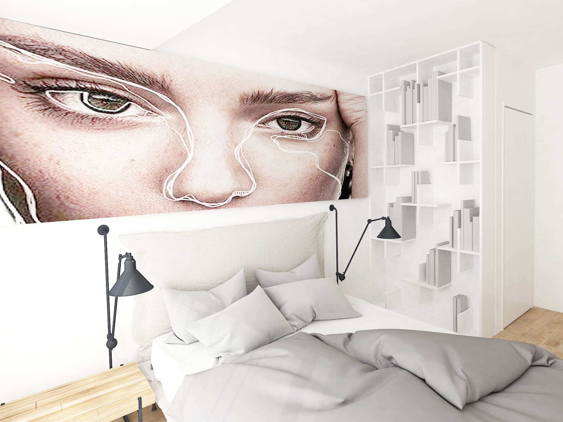 Interior design of a minimalist teenage bedroom with eyes artwork.