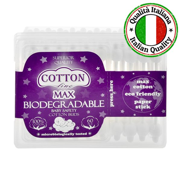 Биоразградими бебешки хартиени клечки за уши - COTTON Line MAX 60бр Биоразградими бебешки хартиени клечки за уши - COTTON Line MAX 60бр