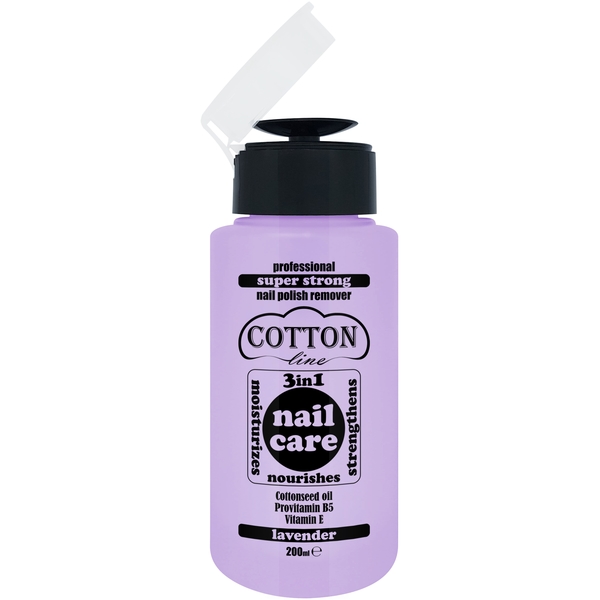 Професионален СУПЕР СИЛЕН лакочистител COTTON Line NAIL CARE 3в1 200мл с помпа ЛАВАНДУЛА Професионален СУПЕР СИЛЕН лакочистител COTTON Line NAIL CARE 3в1 200мл с помпа ЛАВАНДУЛА