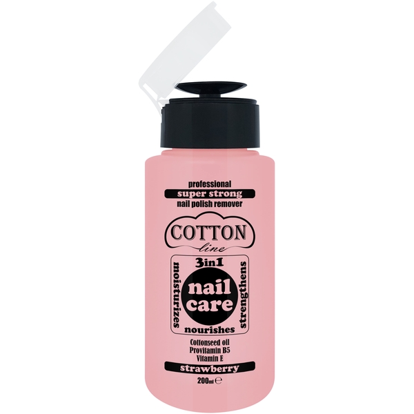 Професионален СУПЕР СИЛЕН лакочистител COTTON Line NAIL CARE 3в1 200мл с помпа ЯГОДА