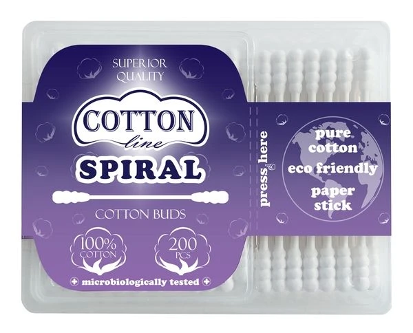 Биоразградими хартиени СПИРАЛНИ клечки за уши - COTTON line SPIRAL 200 бр. кутия правоъгълник --- Biodegradable paper stick SPIRAL cotton buds - COTTON line SPIRAL 200 pcs - rectangular box
