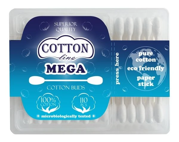 Биоразградими хартиени МЕГА клечки за уши ( с още повече памук ) - COTTON line MEGA 110 бр. кутия правоъгълник --- Biodegradable paper stick MEGA cotton buds (with much more cotton) - COTTON line MEGA 110 pcs