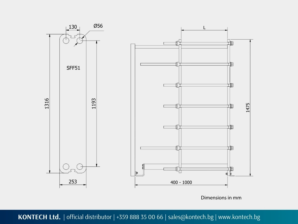 Drawing and dimensions of SonFlow SFF50 SFF51 Free Flow plate heat exchanger