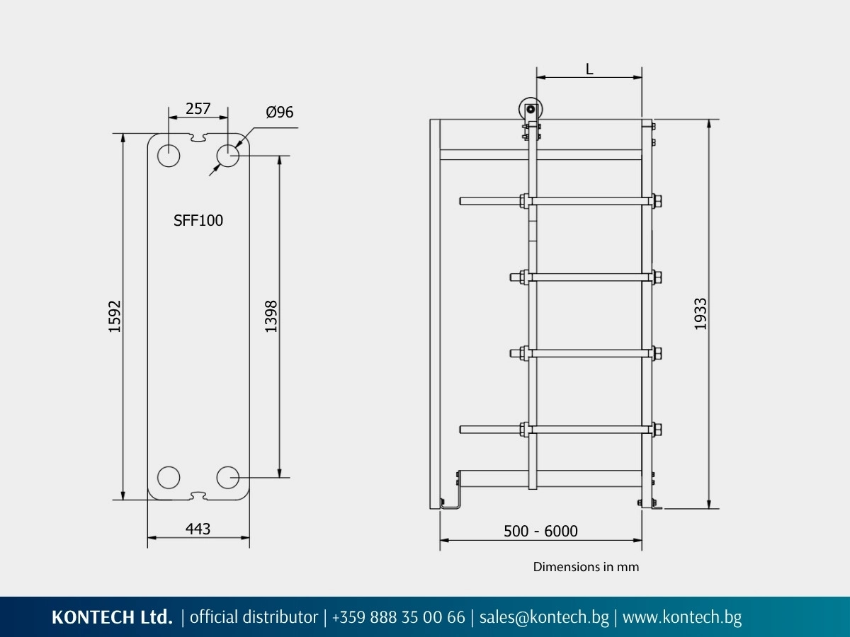 Drawing and dimensions of SonFlow SFF100 Free Flow plate heat exchanger