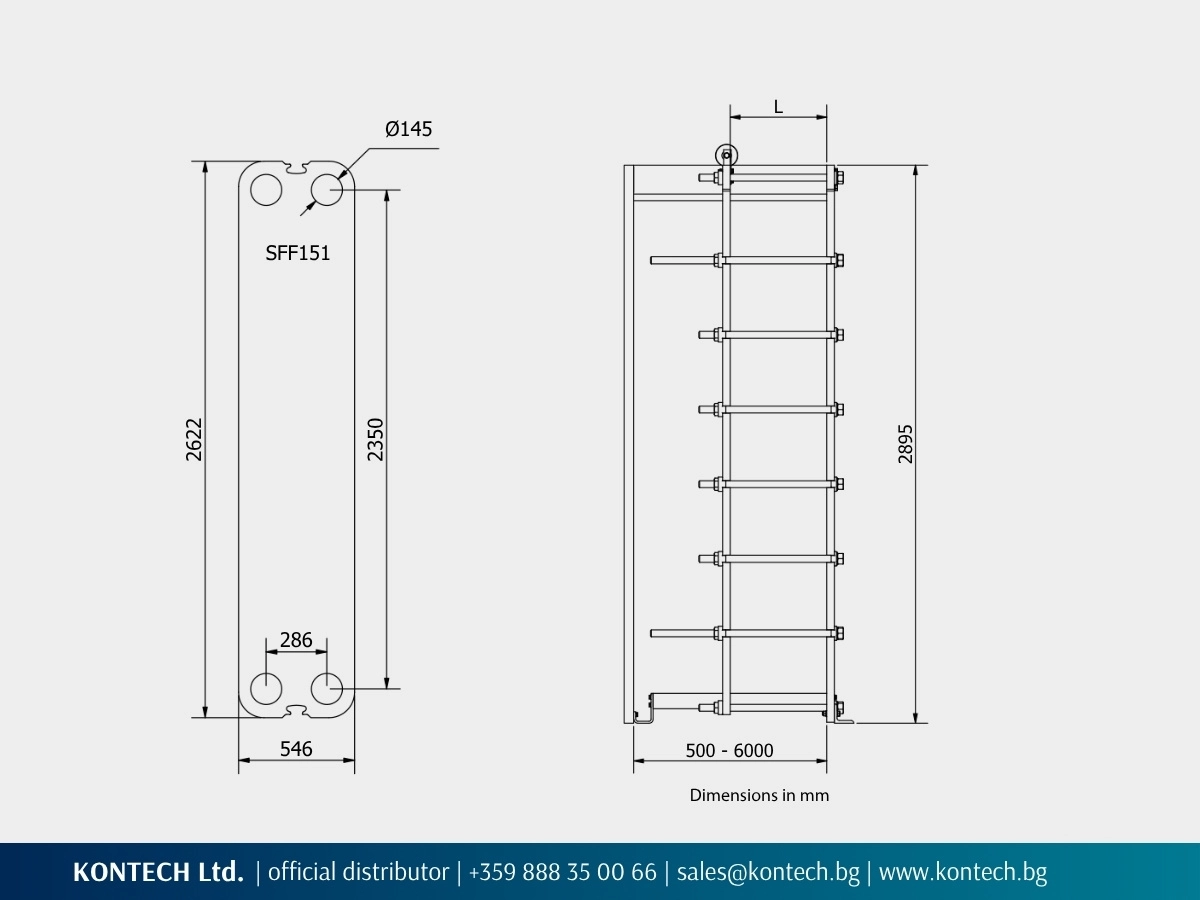 Drawing and overall dimensions of the SonFlow SFF151 free flow plate heat exchanger