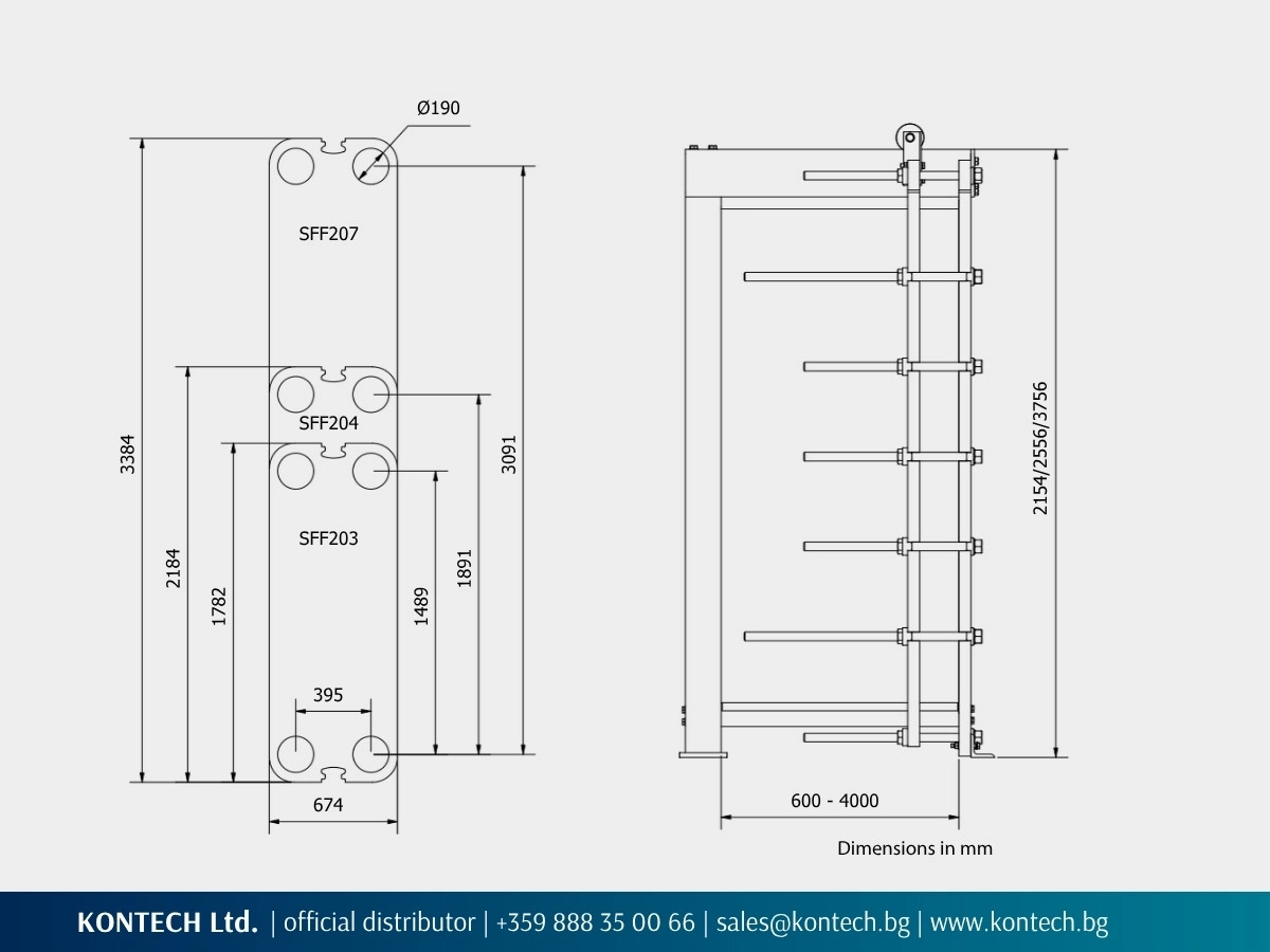 Technical drawing and dimensions of SonFlow SFF200 Free Flow plate heat exchanger, SFF203 SFF204 SFF207