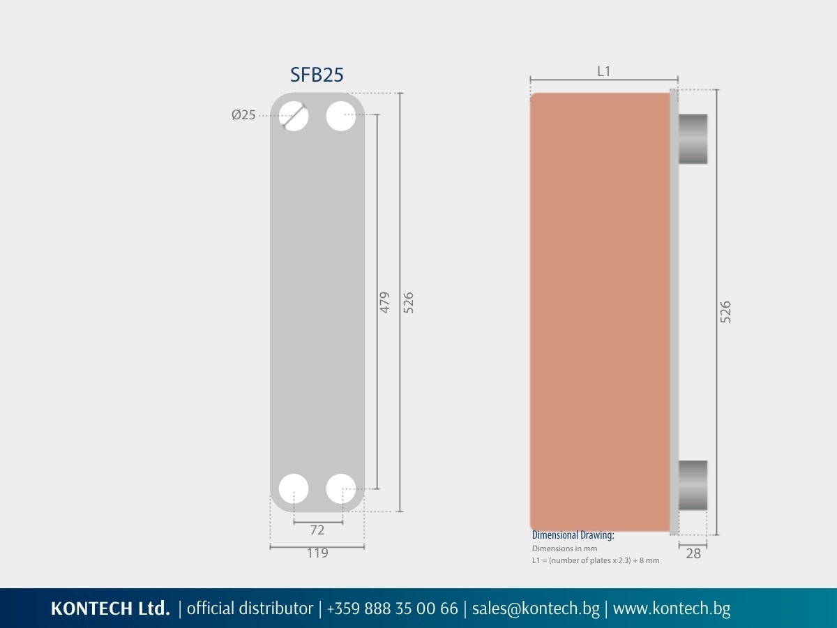 Dimensional drawing of SonFlow SFB25 brazed plate heat exchanger
