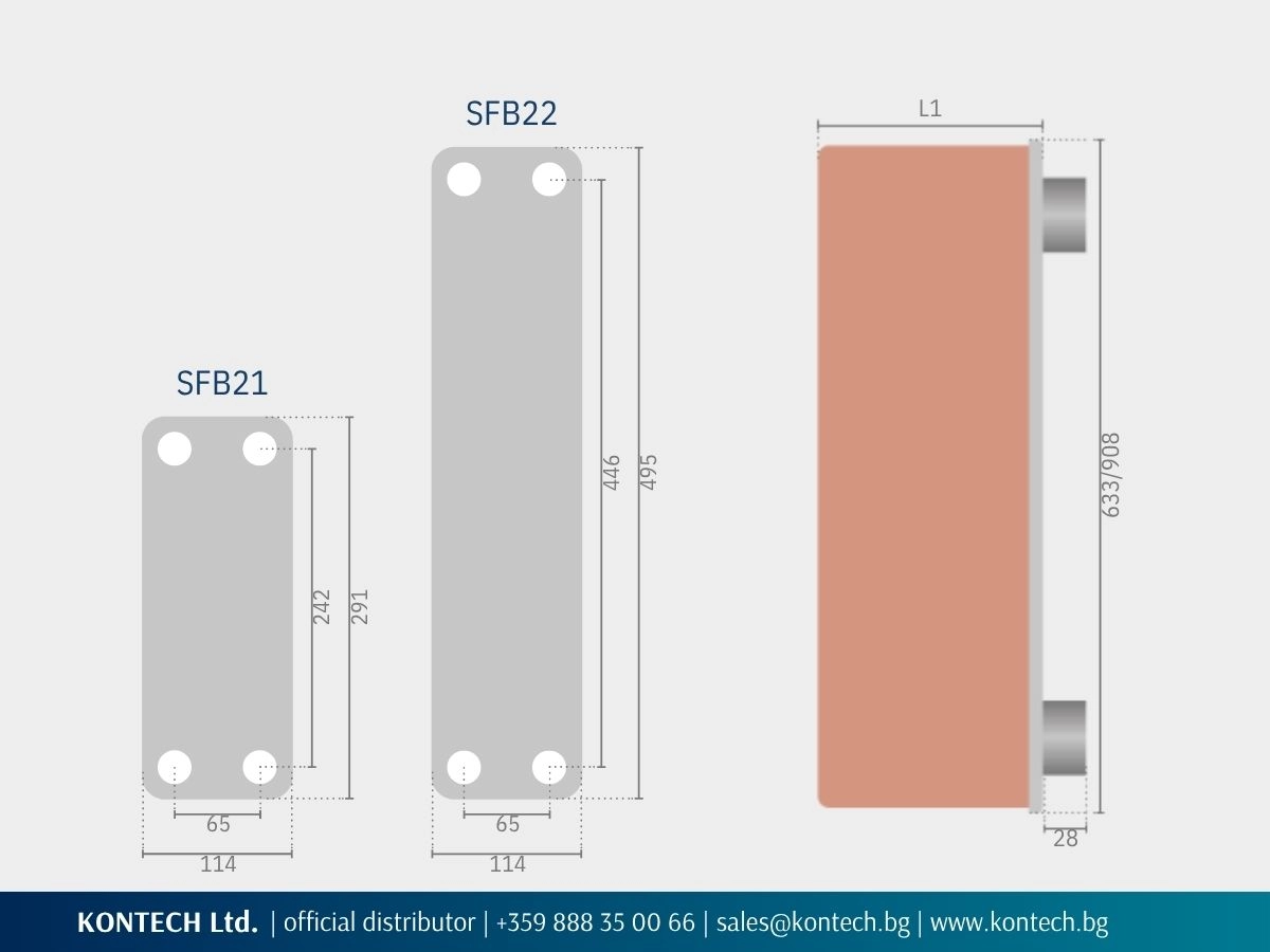 Dimensional drawing of SonFlow SFB21 and SFB22 heat exchangers