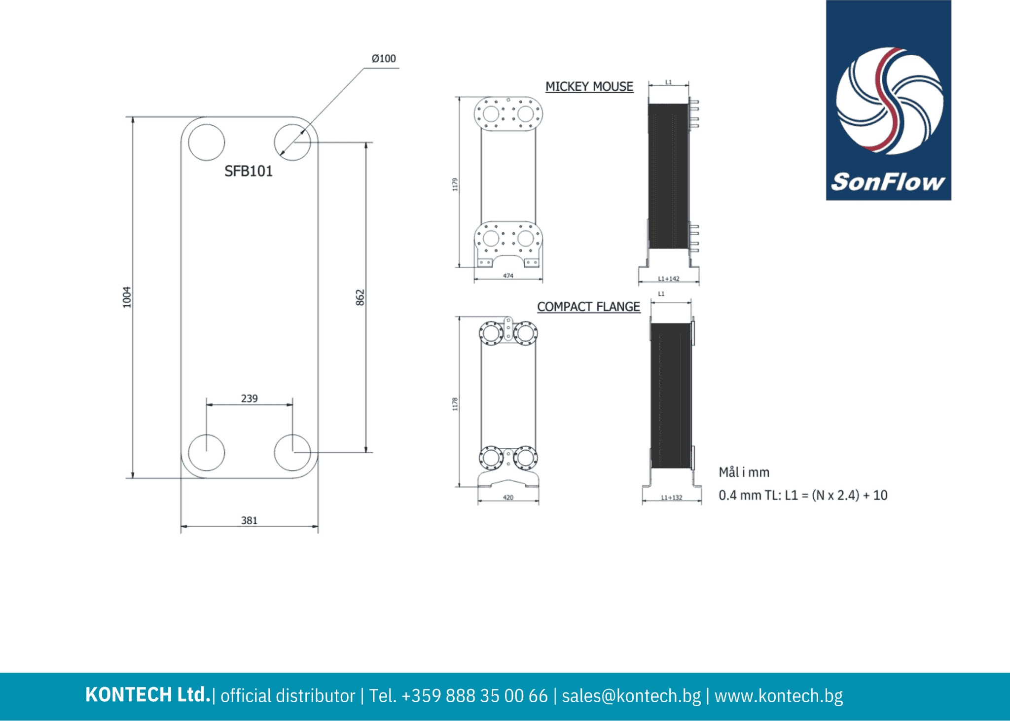 Technical datasheet heat exchanger SFB101 Drawing brazed plate heat exchanger SonFlow SFB101