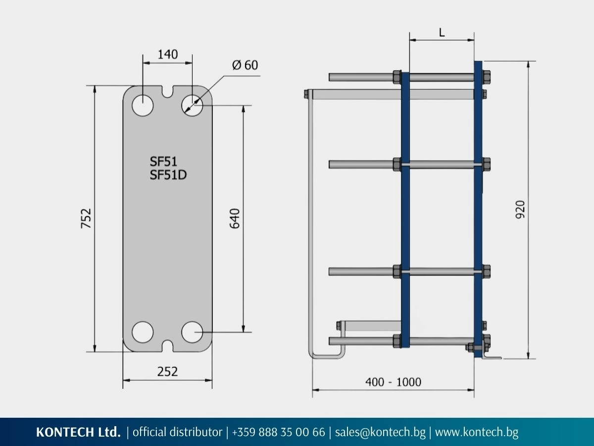 Dimension drawing of SonFlow SF51 and SF51D gasketed plate heat exchangers