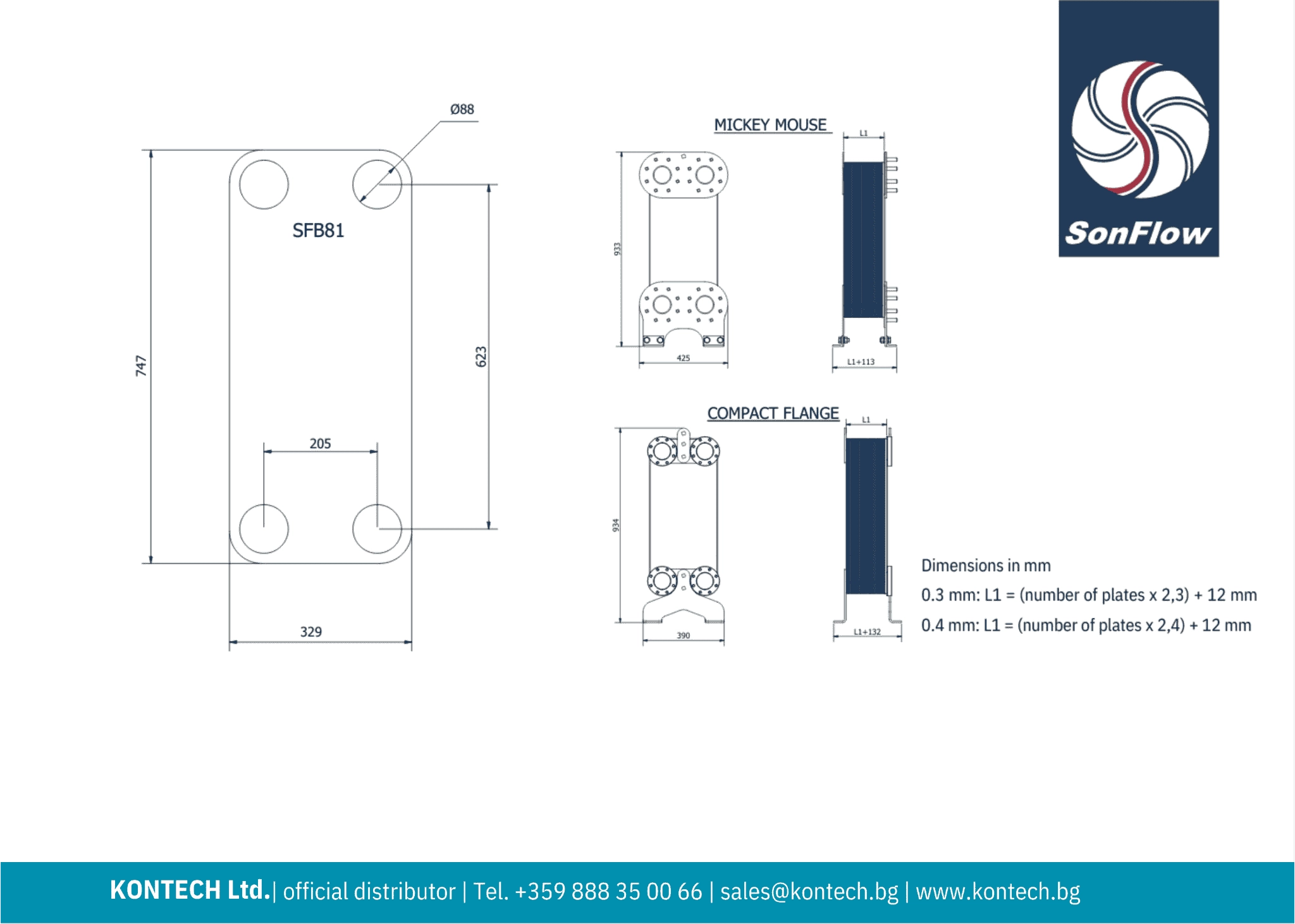 Technical datasheet heat exchanger SFB81 Drawing brazed plate heat exchanger SonFlow SFB81