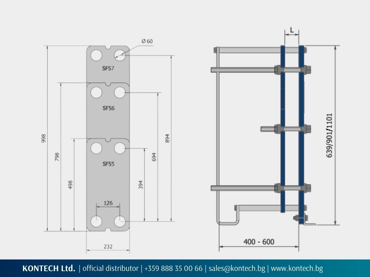 Technical drawing showing the plate dimensions for SonFlow SF55, SF56 and SF57