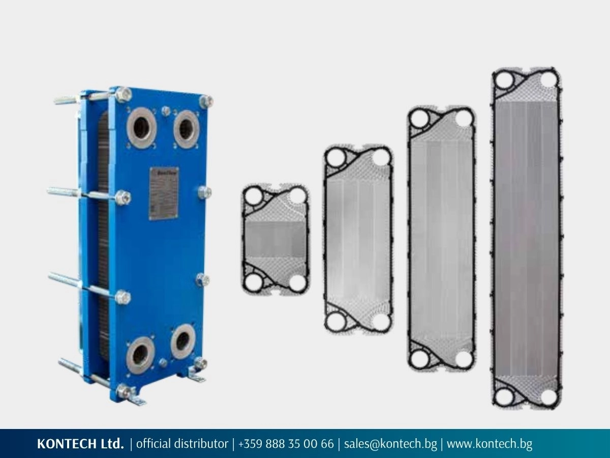 SonFlow SF60 heat exchanger with a blue frame and four plate sizes with gaskets.