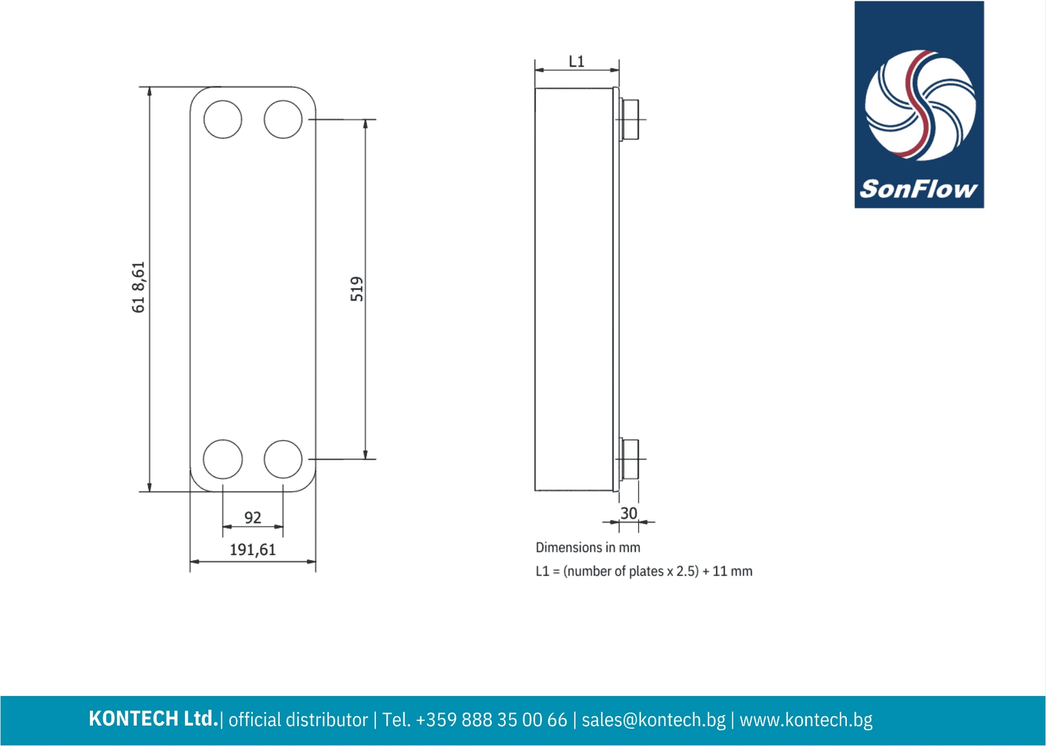 Technical datasheet heat exchanger SFB51 Drawing brazed plate heat exchanger SonFlow SFB51