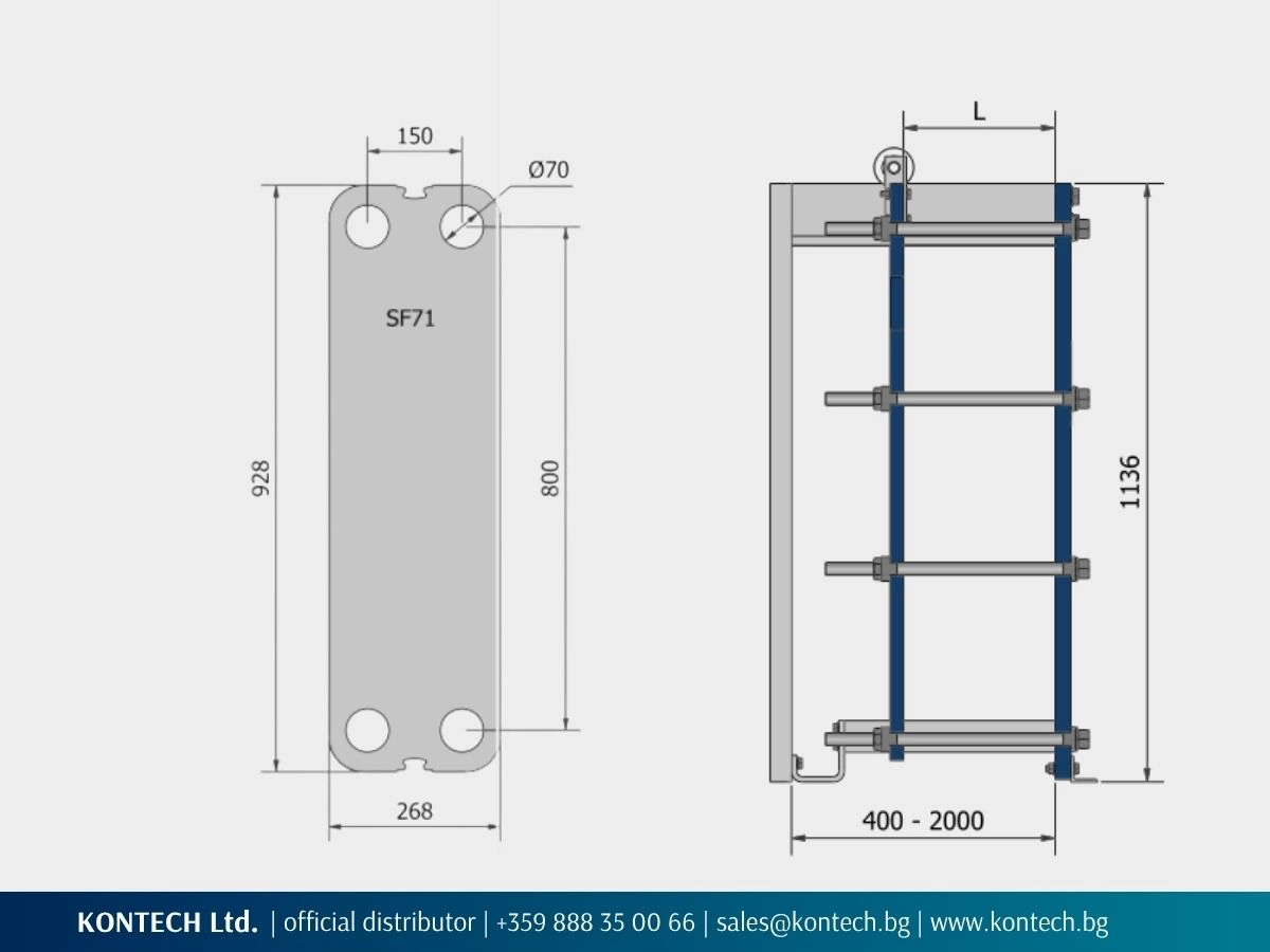 Technical drawing of the SonFlow SF71 plate and frame with dimensions in mm
