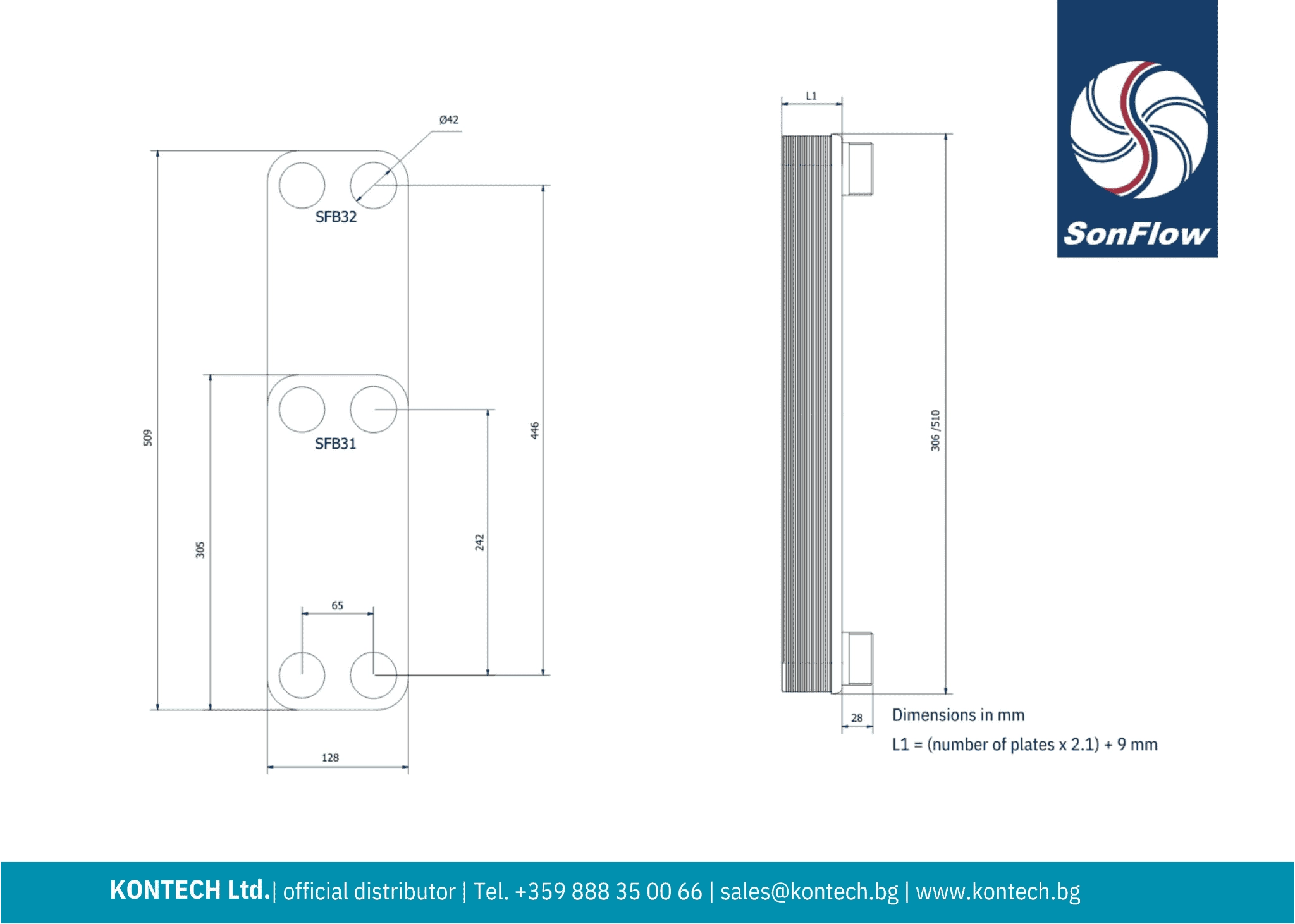 Technical datasheet heat exchanger SFB31 and SFB32 Drawing brazed plate heat exchanger SonFlow SFB31 and SFB32