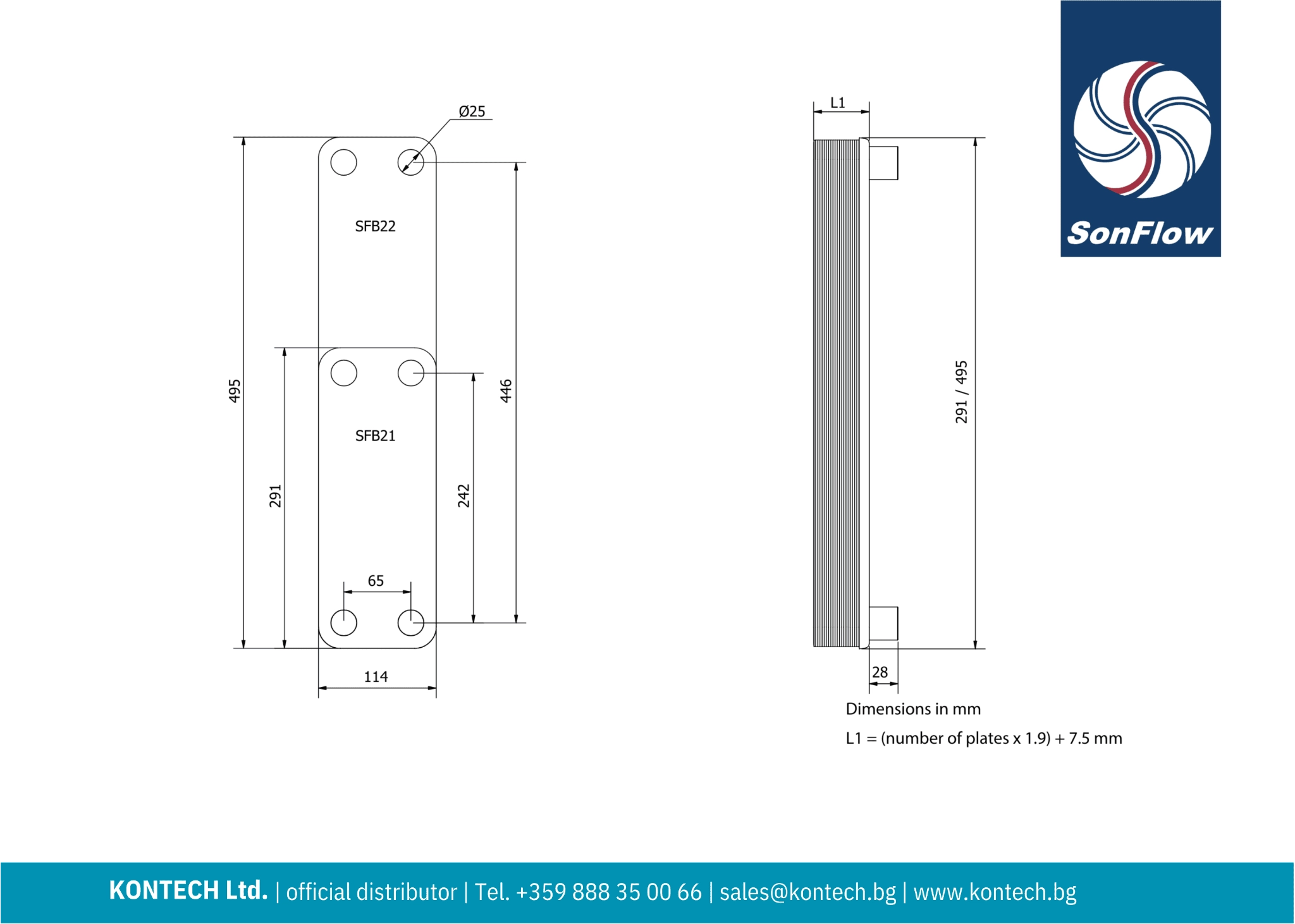 Technical datasheet heat exchanger SFB21 and SFB22 Drawing brazed plate heat exchanger SonFlow SFB21 and SFB22