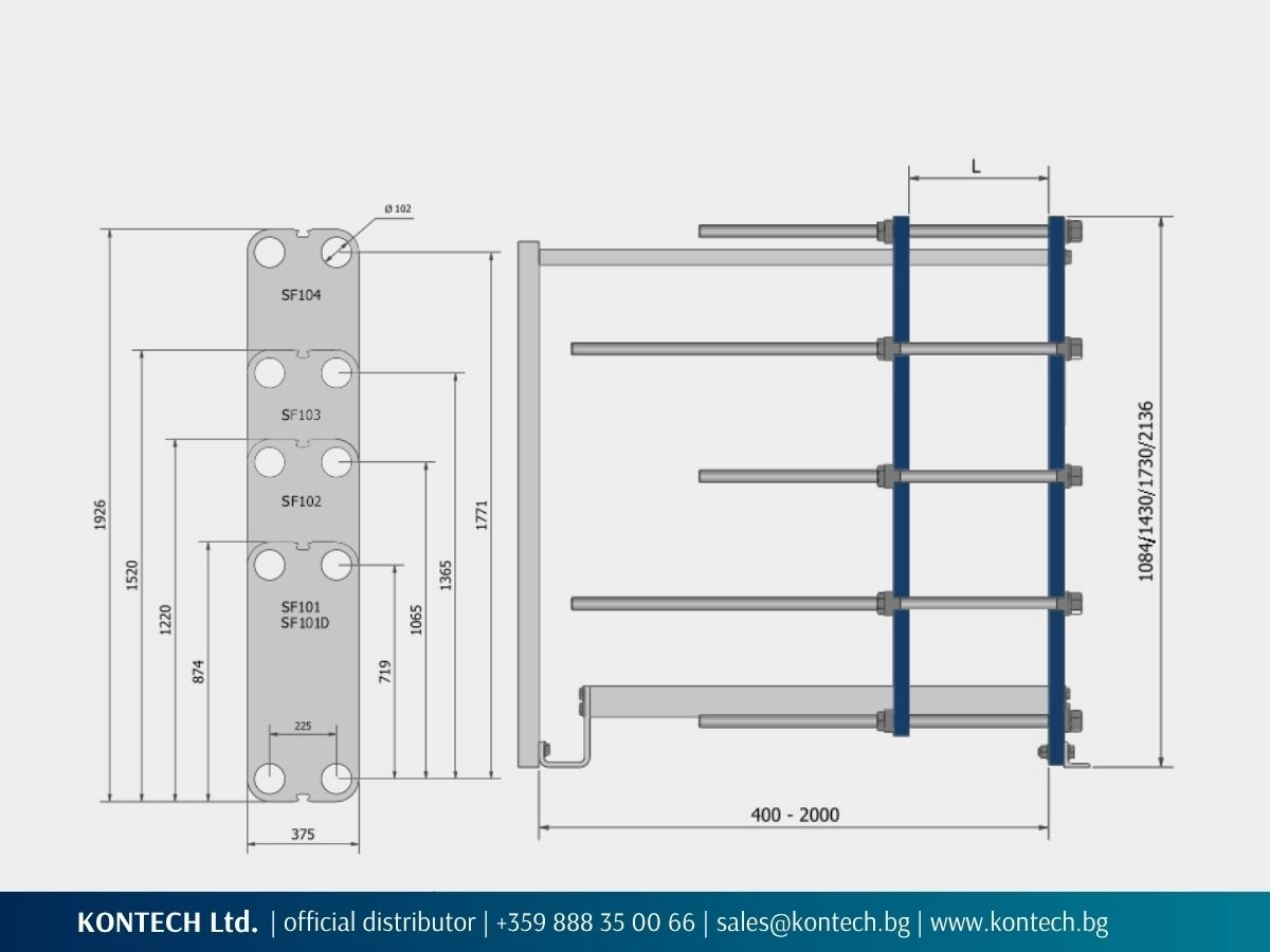 SonFlow SF100 technical drawing showing plate dimensions, port pitches and a side view of the frame