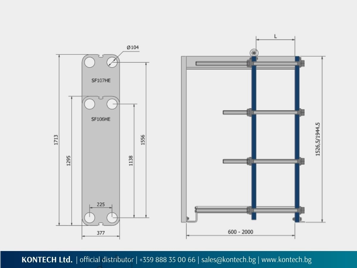 SF106HE and SF107HE drawing showing plate dimensions, Ø104 mm ports and frame heights.