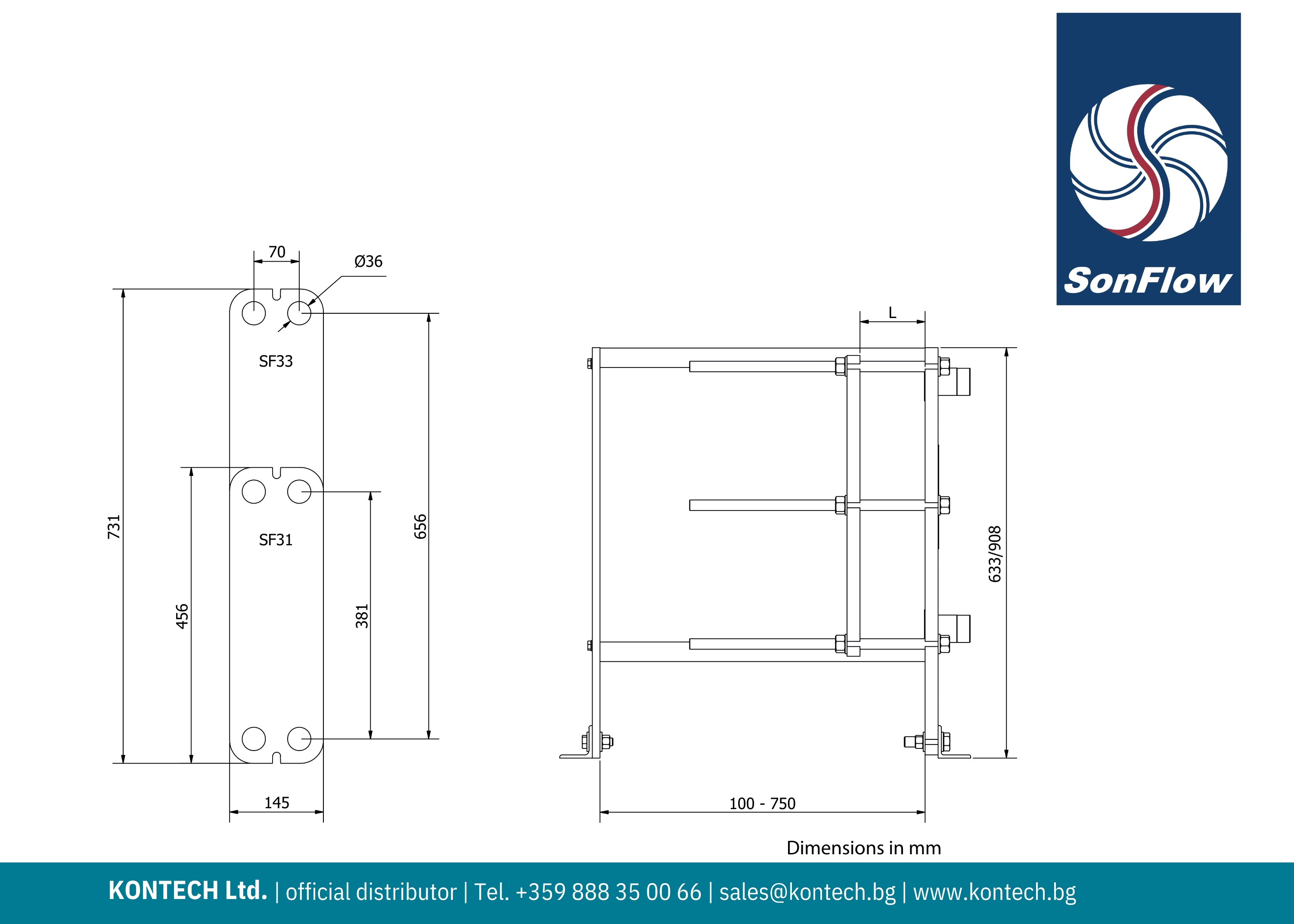 Technical datasheet heat exchanger SF31 and SF33 Drawing gasket plate heat exchanger SonFlow SF31 and SF33