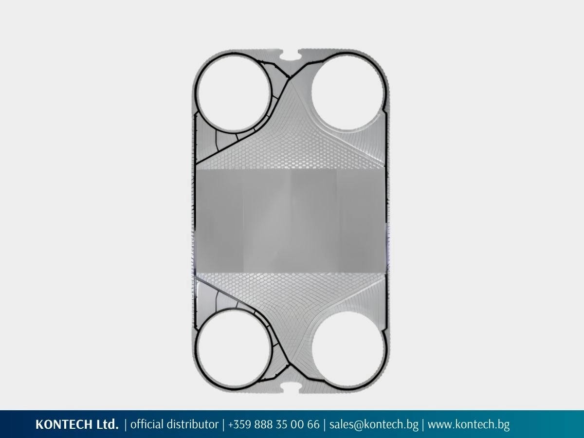 SonFlow SF400 heat transfer plate with a corrugated surface, four ports and a gasket.