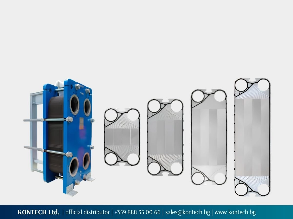 SonFlow SF200 heat exchanger with a blue frame and four plate sizes shown alongside.