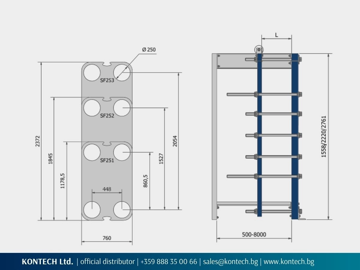 SonFlow SF250 dimensional drawing showing plate dimensions and a side view of the frame