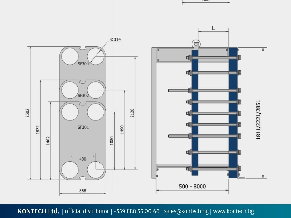 SonFlow SF301, SF302 and SF304 dimensional drawing showing plate and frame dimensions