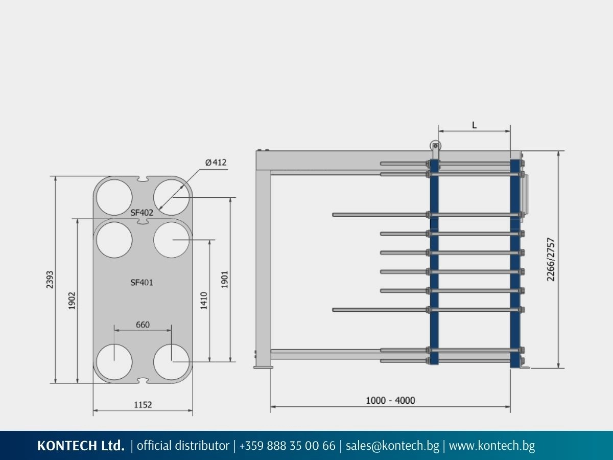 Technical drawing of SonFlow SF401 and SF402 showing plate dimensions, port pitches and frame heights.