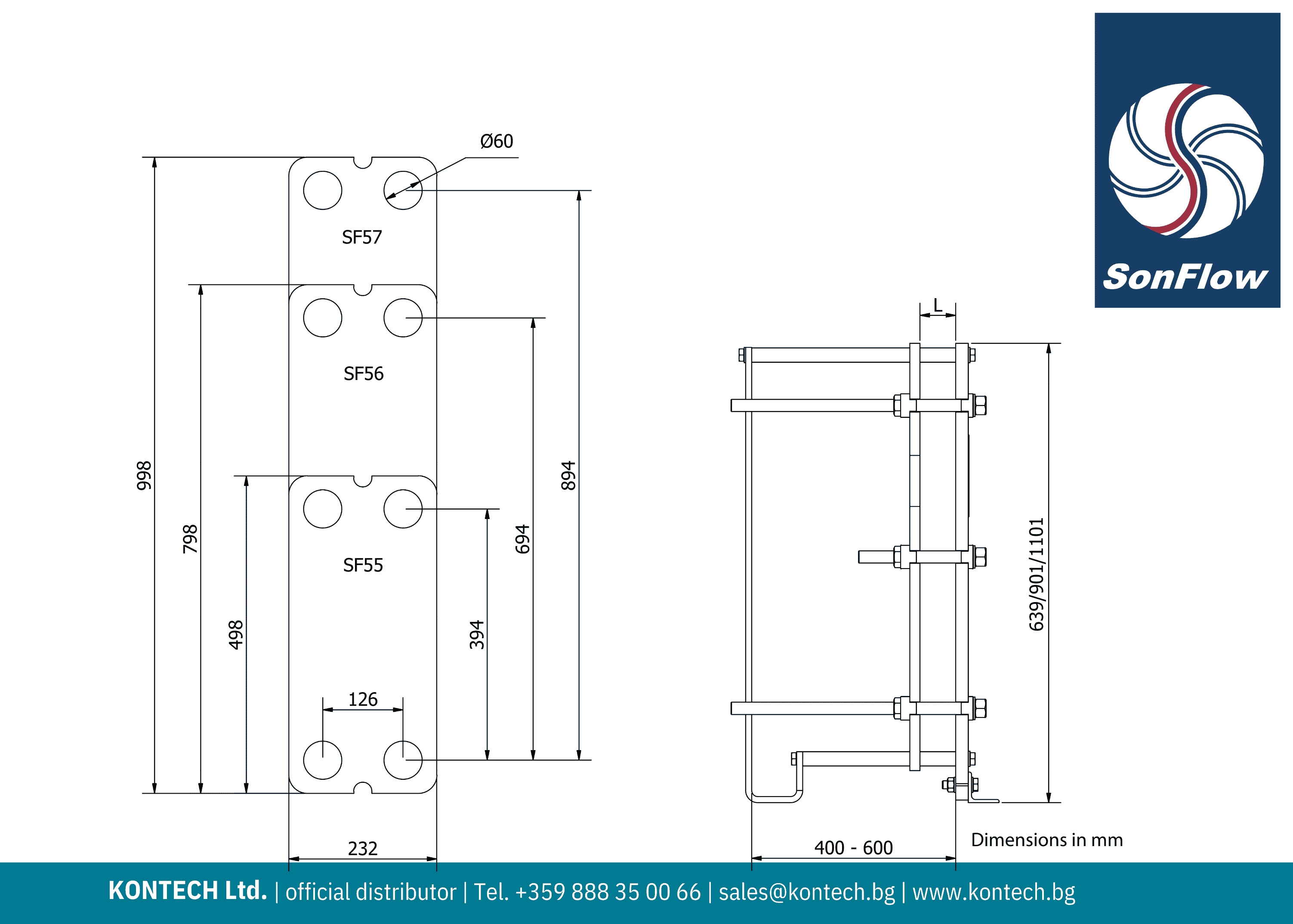 Technical datasheet heat exchanger SF55, SF56 and SF57 Drawing gasket plate heat exchanger SonFlow SF55, SF56 and SF57