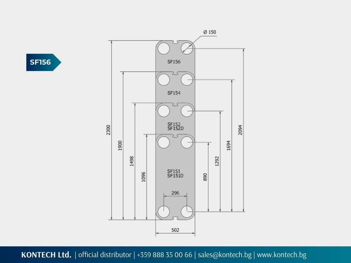SonFlow SF150 plate dimensional drawing highlighting SF156, 502 × 2300 mm