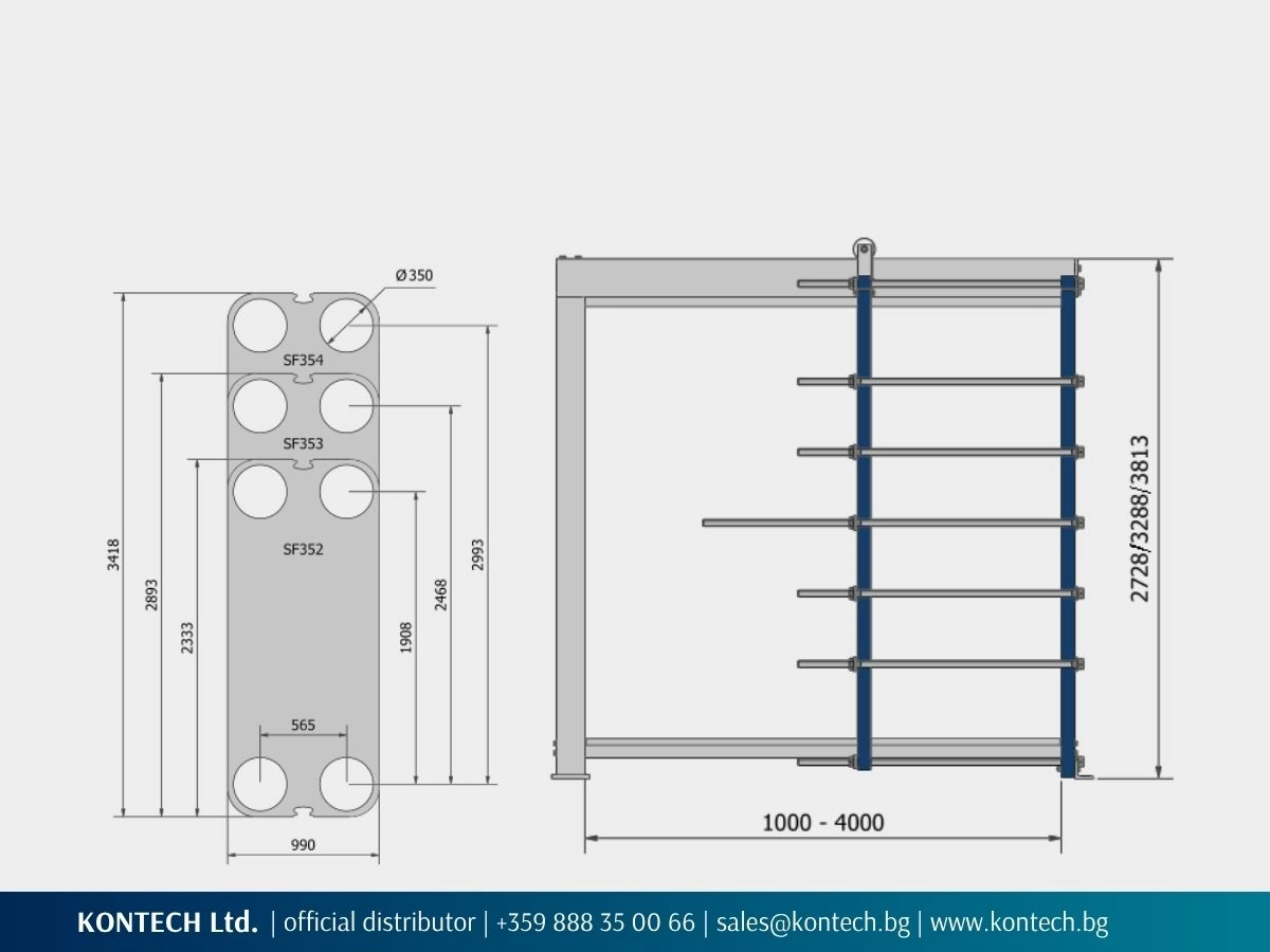 SonFlow SF352, SF353 and SF354 technical drawing with plate dimensions and frame heights
