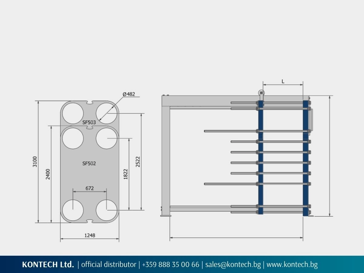 SonFlow SF500 technical drawing with SF502 and SF503 plate dimensions and a side view of the frame