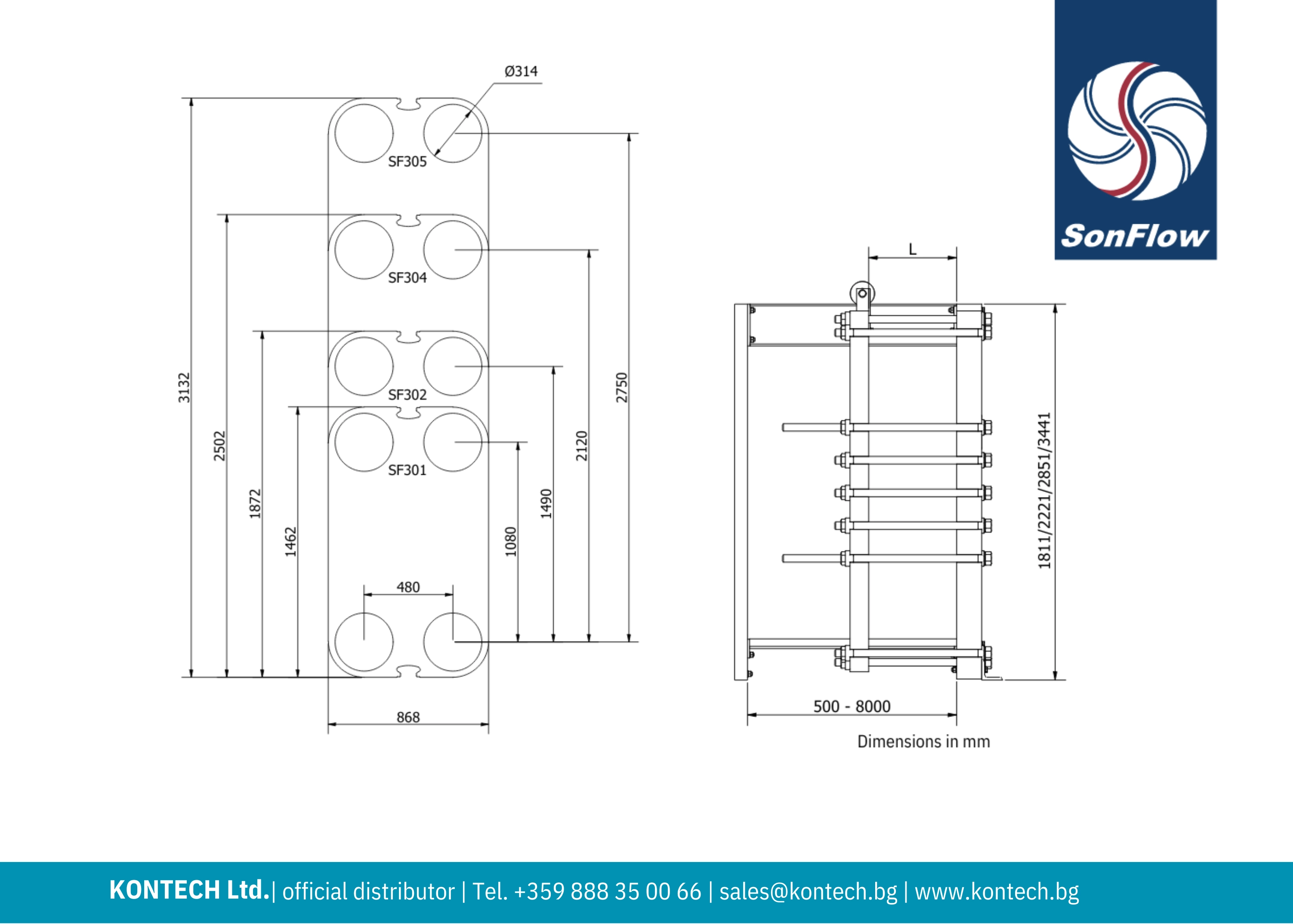 SonFlow SF301 drawing, SonFlow SF302 drawing, SonFlow SF304 drawing and SonFlow SF305 drawing