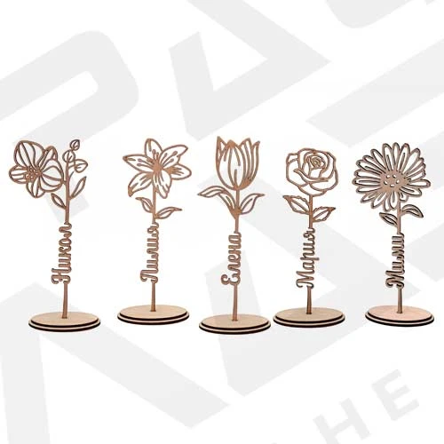 персонализирани лазерно изрязани дървени цветя орхидея, роза, маргаритка, лилия и лале с име