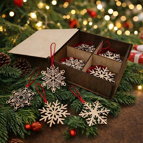 Дървена кутия със снежинки и послание