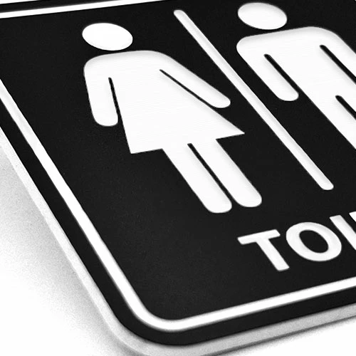 Лазерно изрязана и гравирана табела за тоалетна от черен акрил с квадратна форма с пиктограма на Мъж и Жена надпис Toilet.