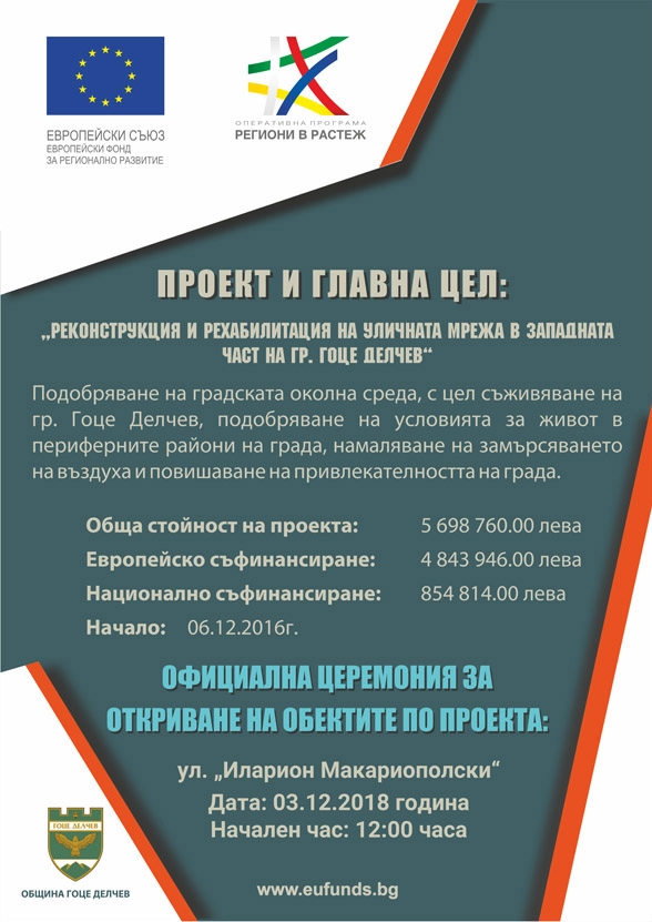 Плакат на проект "Реконструкция и рехабилитация на уличната мрежа".