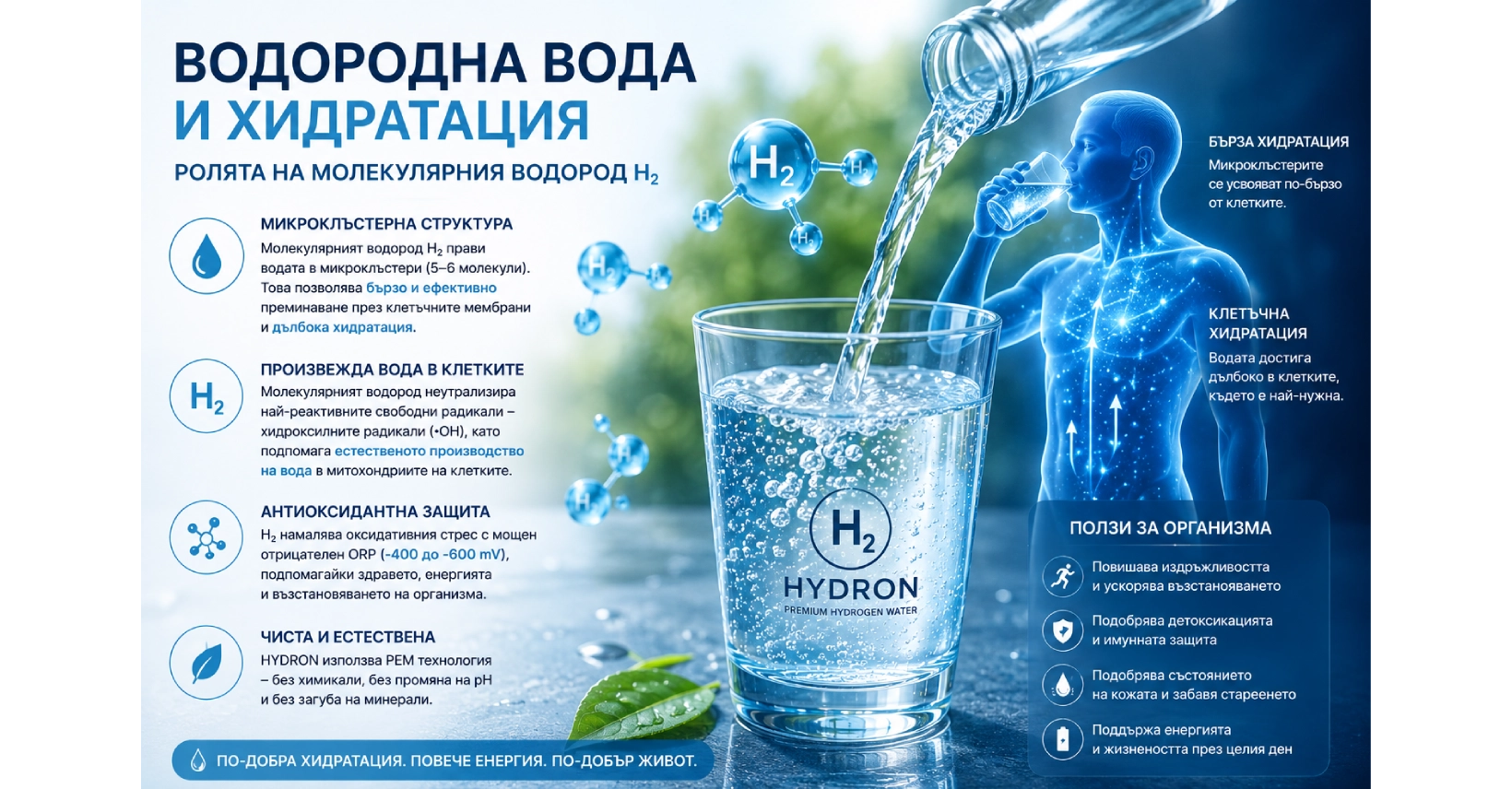 Водородна вода и хидратация – каква е ролята на молекулярния водород H₂?