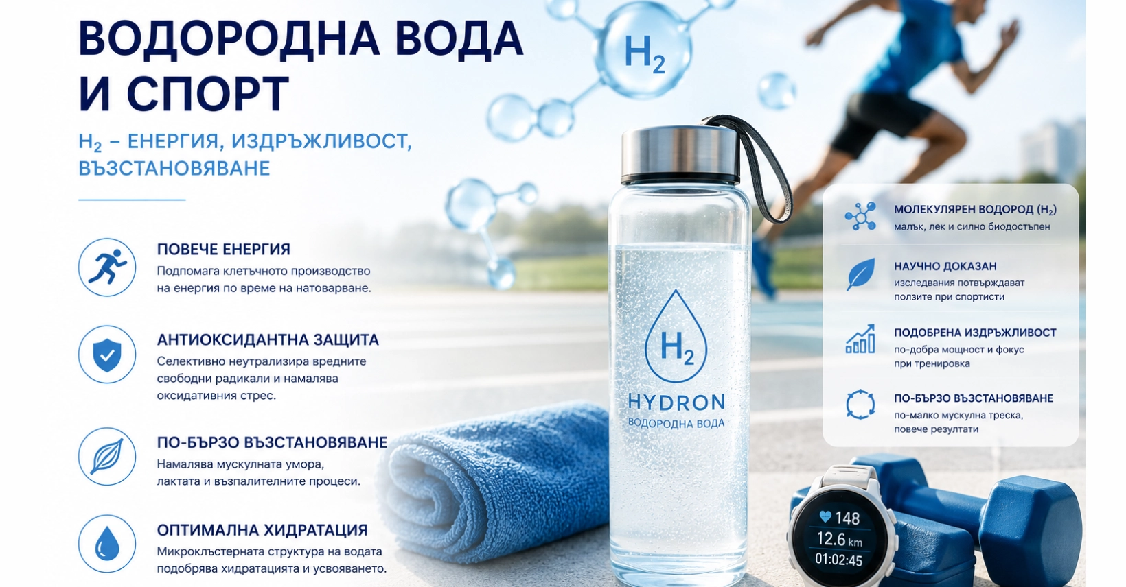 Водородна вода и спорт: Биохимични механизми на H₂ при физическо натоварване и възстановяване