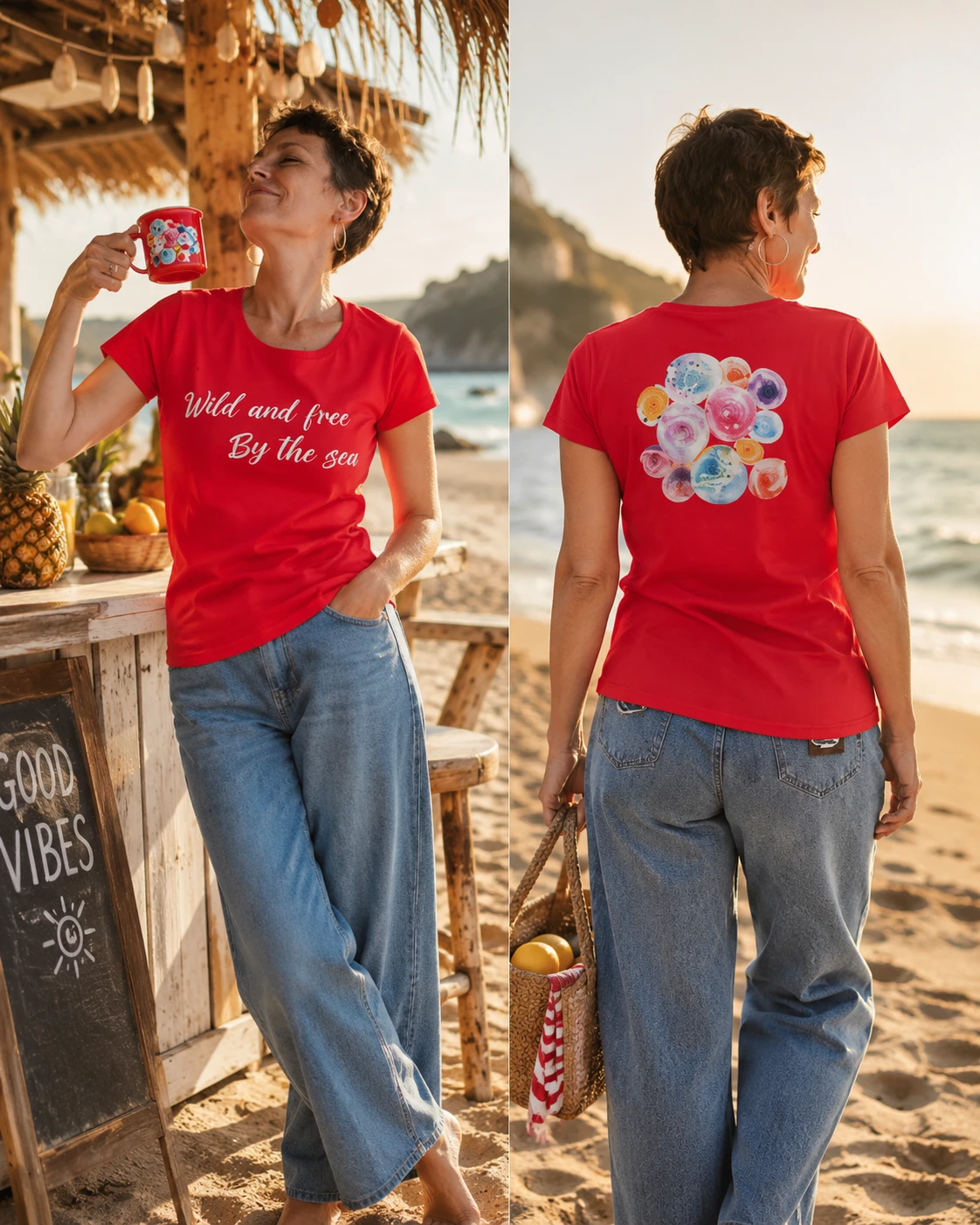 A woman wearing red short sleeve shirt with art stamp on the back, and "Wild and free by the sea" front text, posing against the beach cafe.
