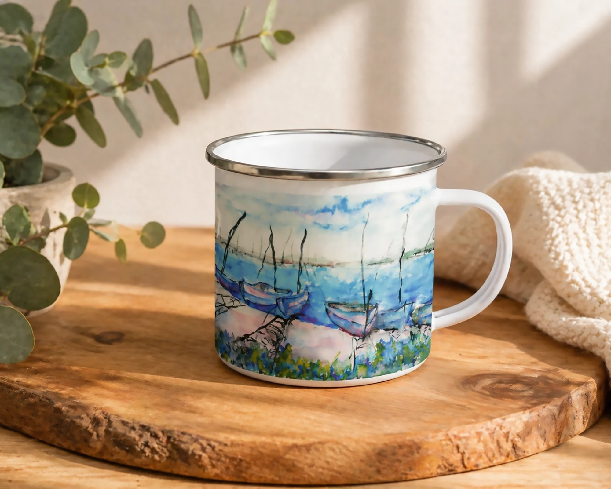 White enamel mug and nautical Blue Boats decoration