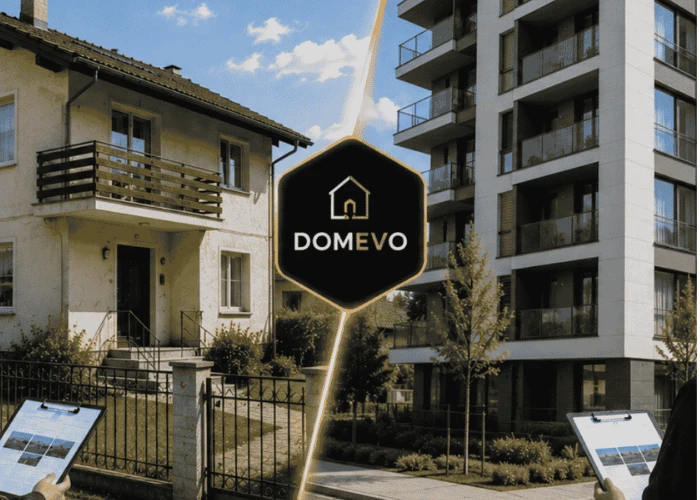 Професионален оглед на къща и жилищна сграда с дрон и инспектор на DOMEVO преди покупка на недвижим имот.
