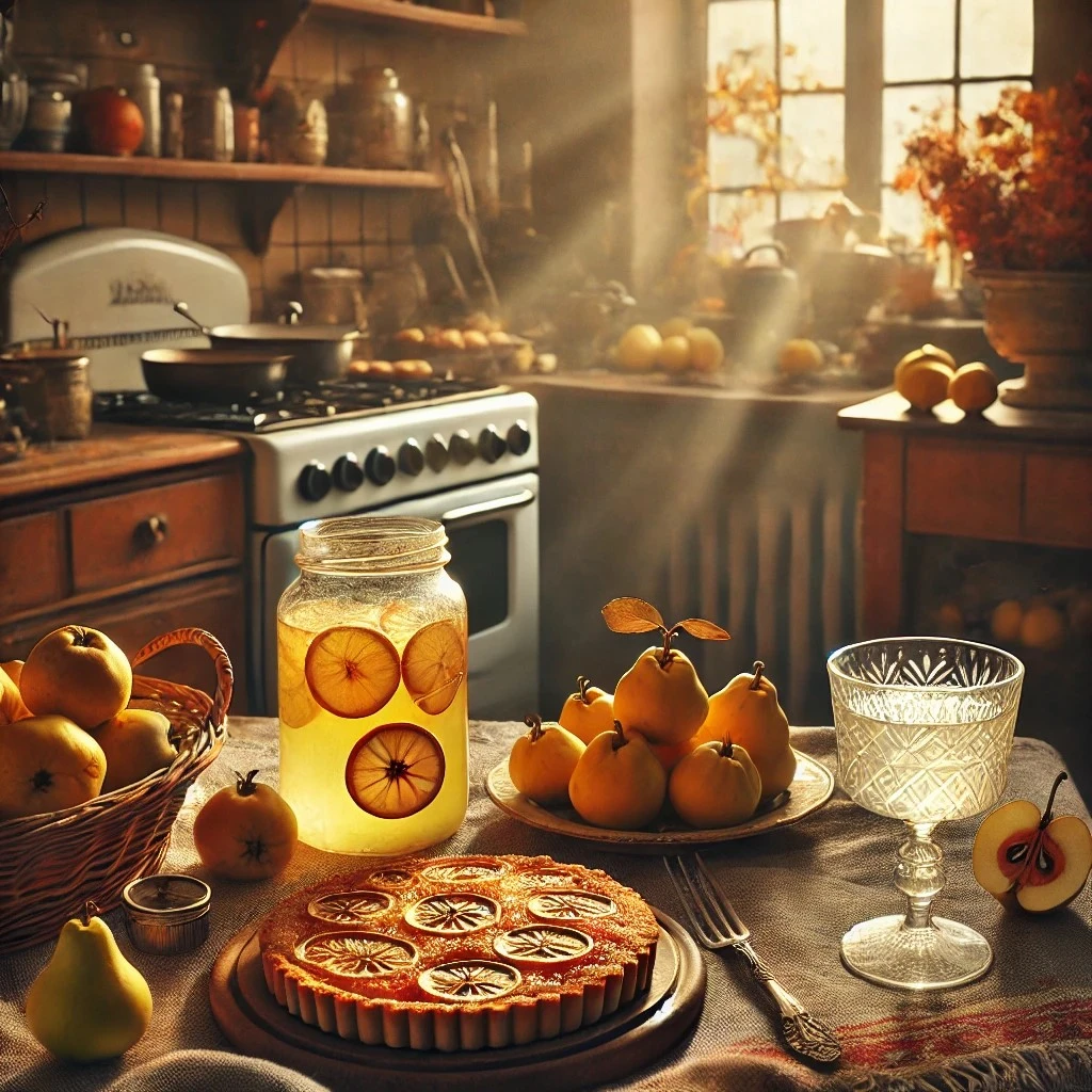 Cosy autumn kitchen with quince-inspired treats, capturing family traditions and warm memories. AI-generated by Danni Howe.