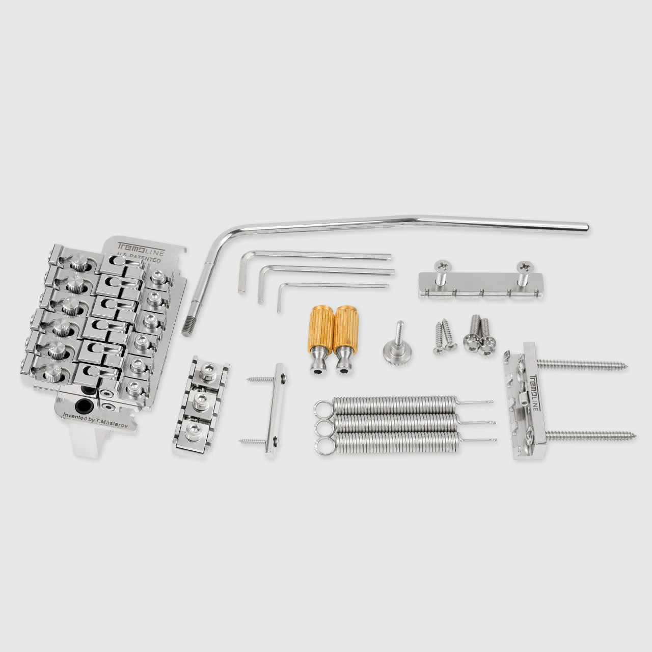 <img src=”Tremoline-Tremolo-system-flat-top-FT36T-R3-SP_3” width="1280" height="1280" alt=”All parts of the Tremoline FT36T double locking tremolo set” />