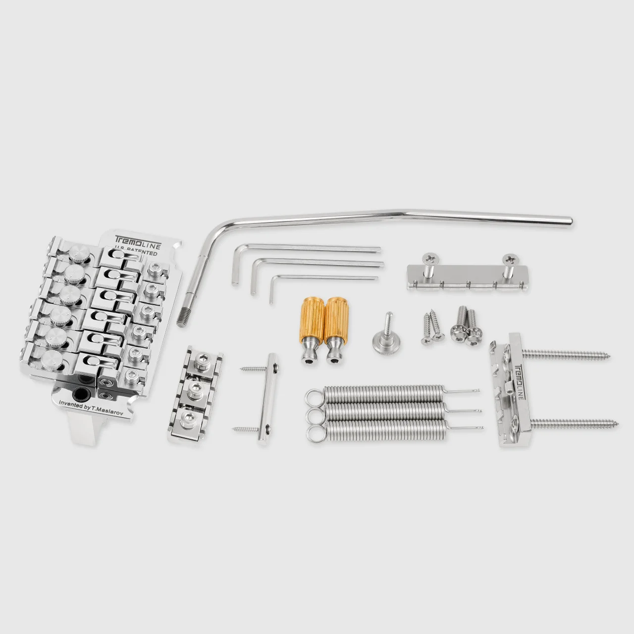 <img src=”Tremoline-Tremolo-system-FT36T-R3-SP-1280x1280-t03s” width="1280" height="1280" alt=”all parts of the stainless steel tremolo set” />