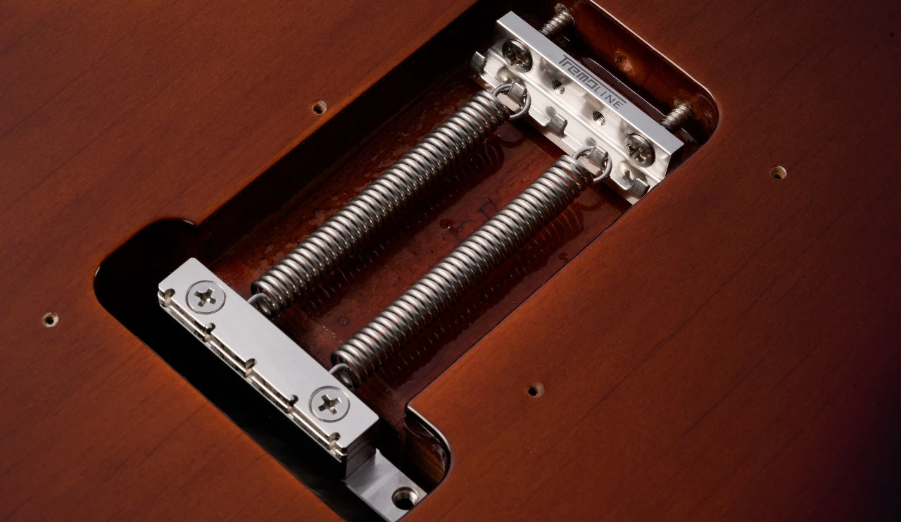 <img src=”Tremoline-FT36T-guitar-locking-tremolo-1280x741-v07.jpg” alt=”back side of a guitar with stainless steel tremolo over the black background”>